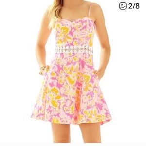 Lilly Pulitzer Pink Bright Sundress Lenore Lace Cut Out Ooh La La Print SZ 2